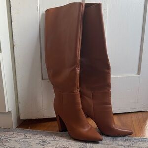 Women's Tall Brown Leather High-Heel Boots- Boutique Brand